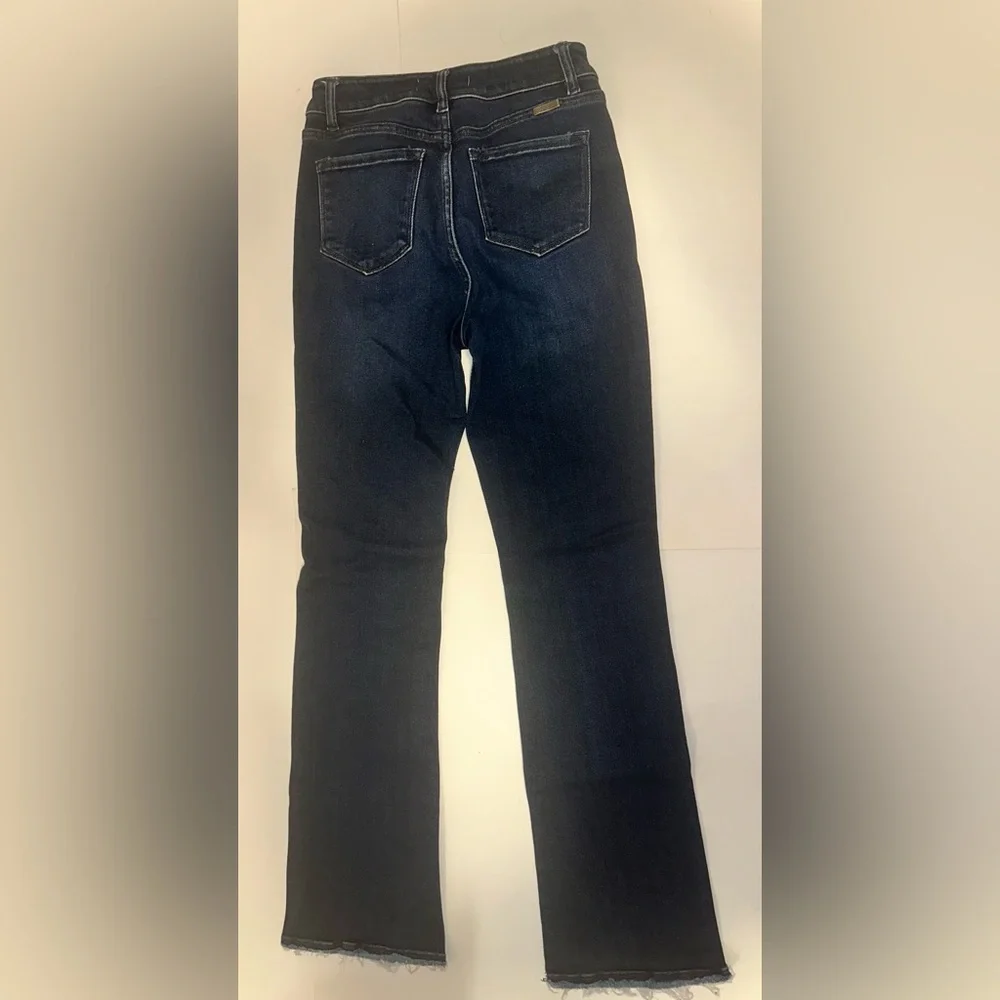 Kancan Rainn Ultra High Rise Flare Jeans Button Fly Raw Hem Size 7/27 Dark‎ Wash